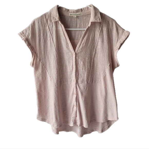 Mesh + Lace Short Sleeve Light Pink Gauze Button Down High Low Top Sz Medium - Picture 1 of 16
